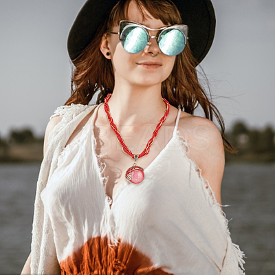5Pcs 5 Style Resin Imitation Cat Eye Flat Round Pendant Necklaces Set NJEW-AN0001-12-1