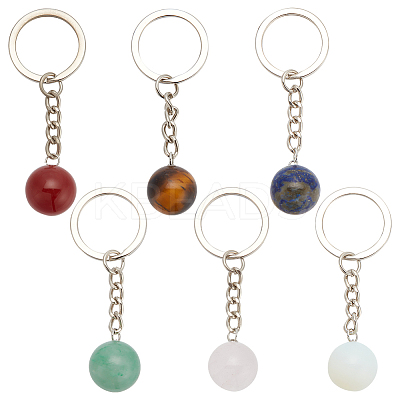 6Pcs 6 Styles Round Natural & Synthetic Gemstone Pendant Keychain KEYC-DR0001-02-1