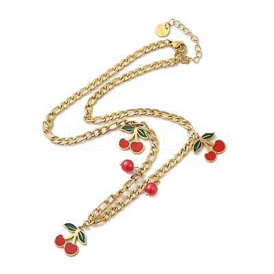 304 Stainless Steel Red Enamel Cherry and Round Plastic Pendant Necklaces for Women NJEW-M091-01G-1