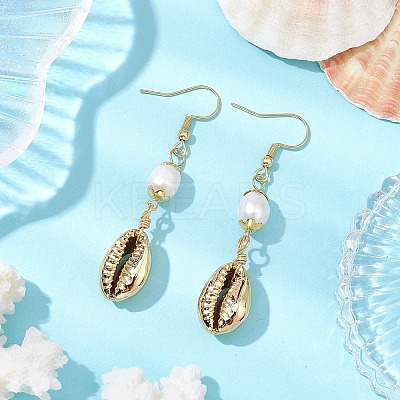 Natural Freshwater Pearl & Electroplated Shell Dangle Earrings for Women EJEW-JE06205-1