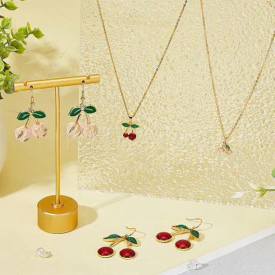 Cubic Zirconia & Alloy Enamel Cherry Pendant Necklaces & Dangle Earrings SJEW-FI0001-22-1