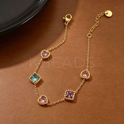 304 Stainless Steel Pave Colorful Cubic Zirconia Rhombus Heart Link Bracelets for Women WG7C819-01-1
