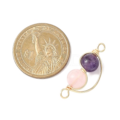 Copper Wire Wrapped Natural Rose Quartz & Amethyst Round Beded Links Connector Charms PALLOY-JF04678-03-1