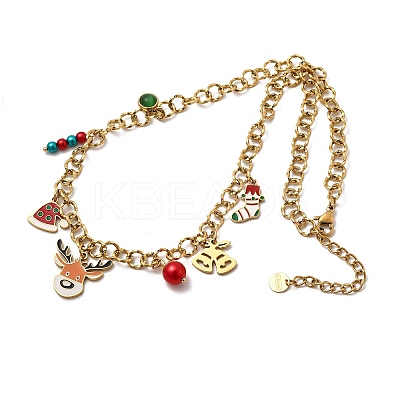 304 Stainless Steel Enamel & Plastic & Resin Deer Christmas Socking Bell Pendant Necklaces for Women LS-NJEW-Z092-02G-1