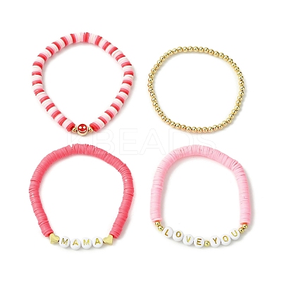 4Pcs 4 Style Mother's Day Theme Polymer Clay Heishi Surfer Stretch Bracelets Set BJEW-TA00360-1