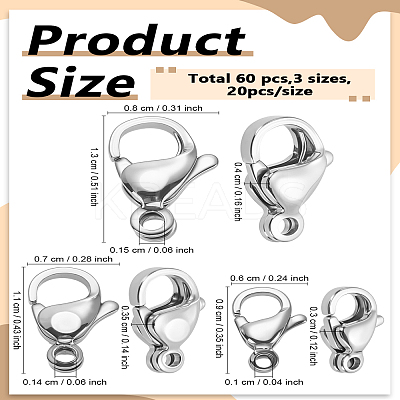 60Pcs 3 Style 304 Stainless Steel Lobster Claw Clasps STAS-LP0005-07-1