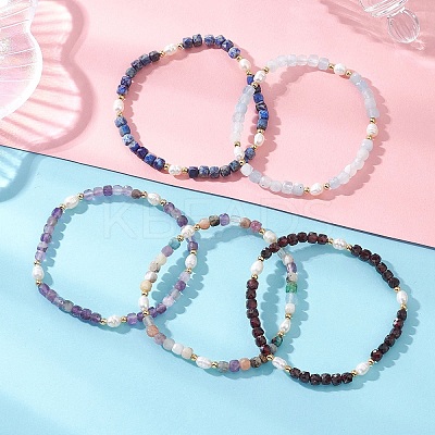 Natural Mixed Gemstone Cube Beads Stretch Bracelets for Women BJEW-JB13176-1