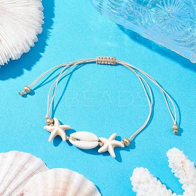 Synthetic Turquoise & Cowrie Shell Braided Starfish & Shell Shape Bead Bracelets for Women BJEW-JB10197-01-1