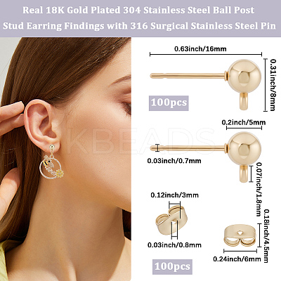 100Pcs 304 Stainless Steel Ball Post Stud Earring Findings STAS-BBC0008-46-1