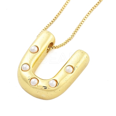 Brass & Plastic Pearl Letter Pendant Box Chain Necklaces for Women LS-NJEW-U017-01G-21-1