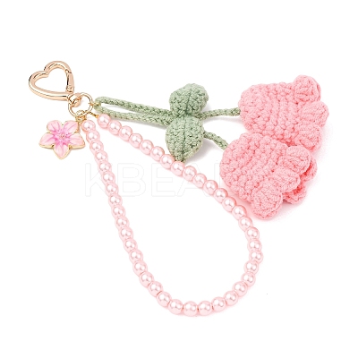 Handmade Cotton Yarn Crochet Lily of the Valley & Glass Pearl Round Bead Pendant Decorations HJEW-JM04389-04-1
