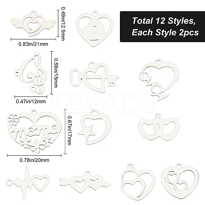 24Pcs 12 Styles 201 Stainless Steel Pendants STAS-SC0002-85-1