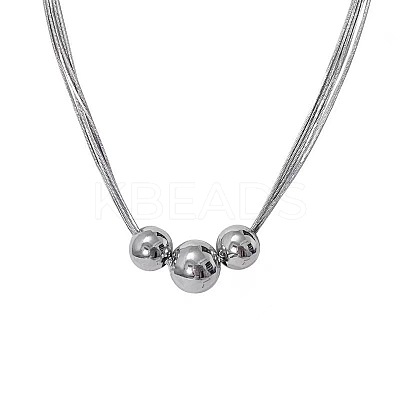 201 Stainless Steel 3 Round Graduated Beaded Pendant Necklaces FS-WGD22DA-01-1