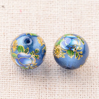 Flower Picture Printed Glass Round Beads GLAA-J087-12mm-B02-1