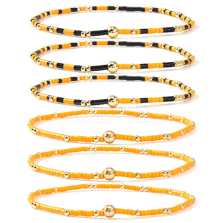 6Pcs Handmade Glass Seed Bead & Brass Beads Stretch Bracelets XZ6120-5-1