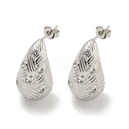 Teardrop Texture Brass Micro Pave Cubic Zirconia Stud Earrings for Women EJEW-E312-08P-1
