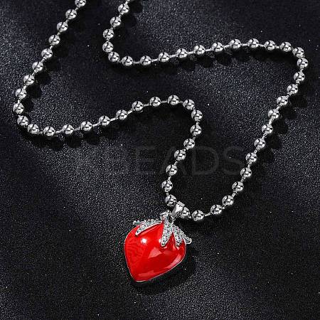 Brass Red Enamel Strawberry Pendant Ball Chain Necklaces NJEW-Z059-02P-1