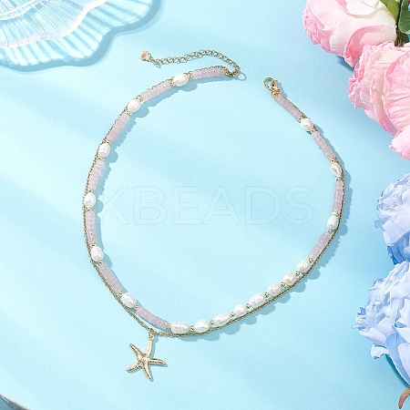 Natural Rose Quartz Heishi Beads and Rice Natural Pearl Beaded Double Layer 304 Stainless Steel Starfish Pendant Necklaces NJEW-JN05847-03-1