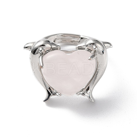 Natural Rose Quartz Dolphin & Heart Adjustable Rings RJEW-K241-02P-01-1
