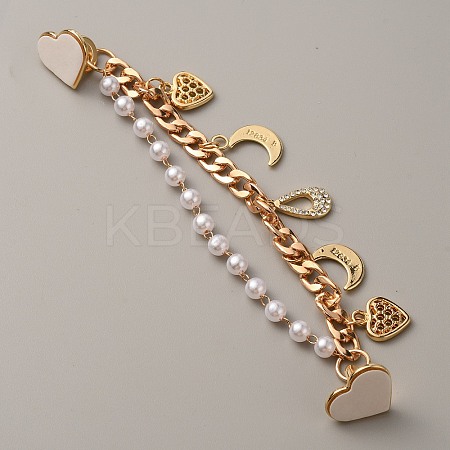 Pearl Plastic Beads & Heart & Moon & Teardrop Charms Link Chain Phone Case Double Chain Strap LS-AJEW-WH0041-61G-1