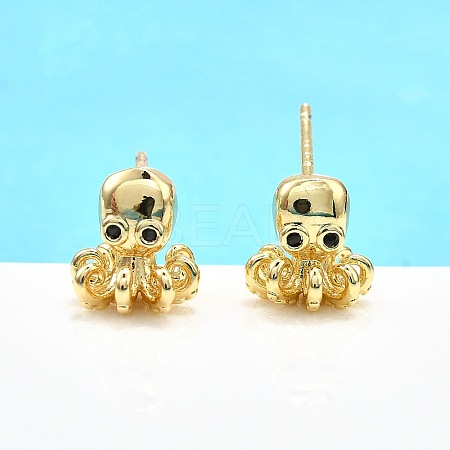 Octopus Brass Micro Pave Cubic Zirconia Stud Earrings LS-EJEW-H157-02G-1