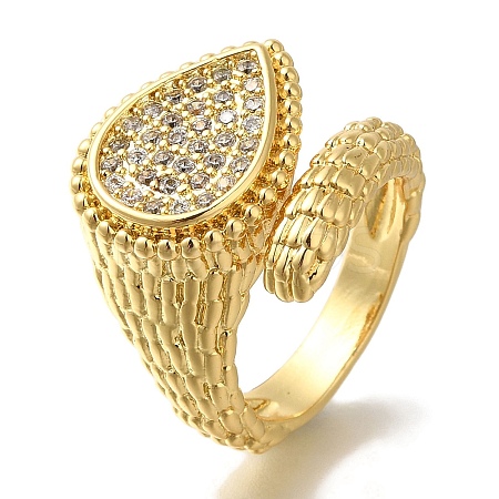 Rack Plating Teardrop Brass Clear Cubic Zirconia Open Cuff Rings RJEW-S411-19G-1