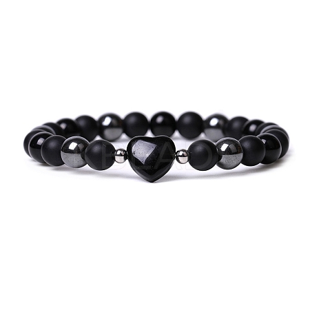 Natural Obsidian Heart Beaded Stretch Bracelet PW-WG70241-01-1
