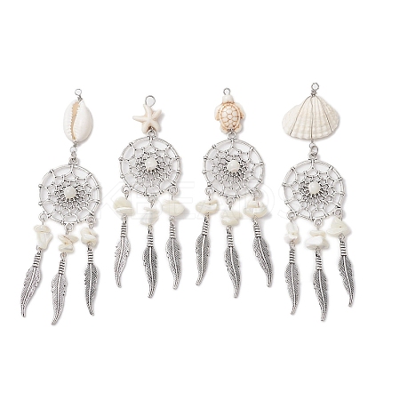 4Pcs 4 Styles Natural Shell & Synthetic Turquoise & Alloy Woven Web/Net with Feather Big Pendants PALLOY-JF03444-1