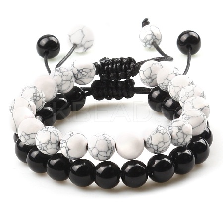 Adjustable Round Natural Howlite & Obsidian Braided Bead Bracelet Sets MW1099-4-1