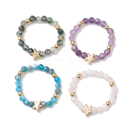 Round Natural Apatite & Green Aventurine & Amethyst & Moss Agate Beads Stretch Rings for Women RJEW-JR00714-02-1