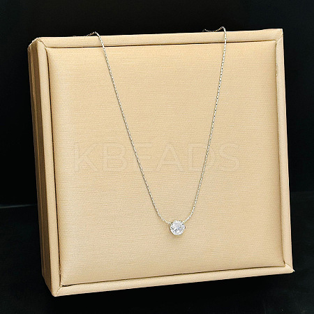 Stainless Steel 6-Claw Clear Cubic Zirconia Flat Round Pendant Necklaces TH0773-2-1