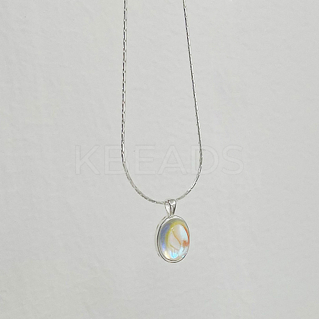 925 Sterling Silver & Synthetic Moonstone Ocean Blue Oval Pendants Necklaces for Women GE1593-2-1