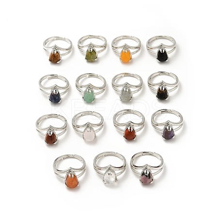 Gemstone Teardrop Adjustable Rings RJEW-G264-01P-1