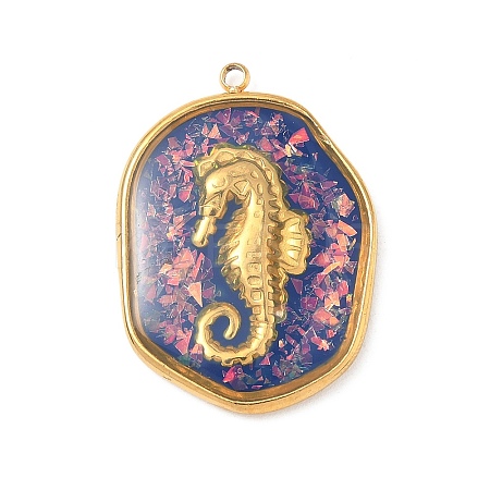 304 Stainless Steel Epoxy Resin with Natural Shell and Sequins Inside Pendants STAS-L026-17G-M04-1