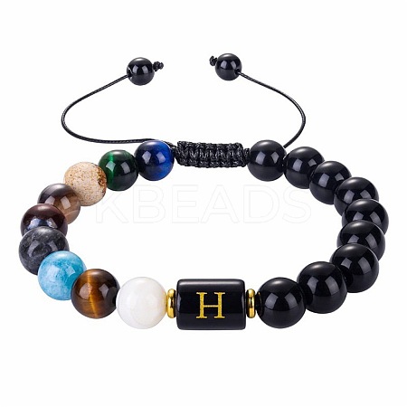 10MM Natural Black Obsidian Alphabet Beaded Braided Bracelets TO2319-8-1