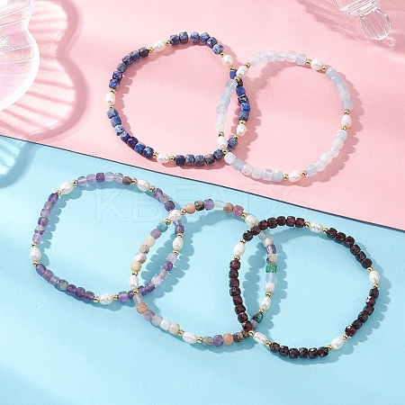 Natural Mixed Gemstone Cube Beads Stretch Bracelets for Women BJEW-JB13176-1