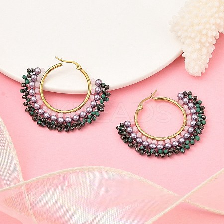 304 Stainless Steel & Bohemian Beaded Fan Hoop Earrings for Women EJEW-R001-01G-02-1