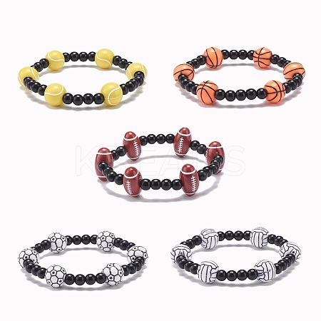 Sport Theme Acrylic Beaded Stretch Bracelet for Men Women BJEW-JB08549-1