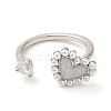 Cubic Zirconia Heart Open Cuff Ring with ABS Plastic Pearl Beaded RJEW-M148-05P-1
