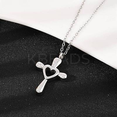 304 Stainless Steel Heart Cross Pendant Pet Urn Ashes Necklaces NJEW-S455-05P-1