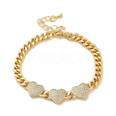 Brass Micro Pave Clear Cubic Zirconia Triple Heart Cuban Link Chains Bracelets for Women BJEW-M322-05G-B-1