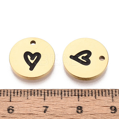 304 Stainless Steel & Enamel Flat Round with Heart Pendants STAS-T073-11G-1