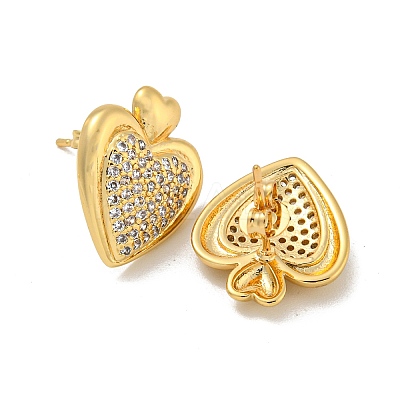 Heart Brass Pave Clear Cubic Zirconia Stud Earrings for Women EJEW-N054-39G-1