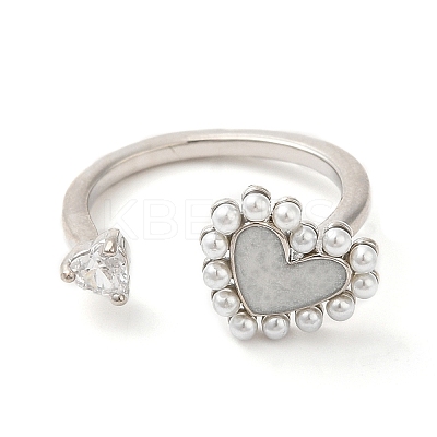 Cubic Zirconia Heart Open Cuff Ring with ABS Plastic Pearl Beaded RJEW-M148-05P-1