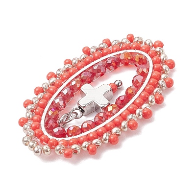 3Pcs Glass Seed Beaded Oval with Cross Pendants PALLOY-MZ01000-1