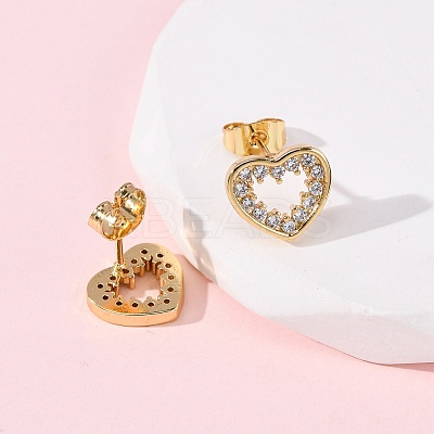Brass Micro Pave Clear Cubic Zirconia Heart Stud Earrings EJEW-K267-29G-1