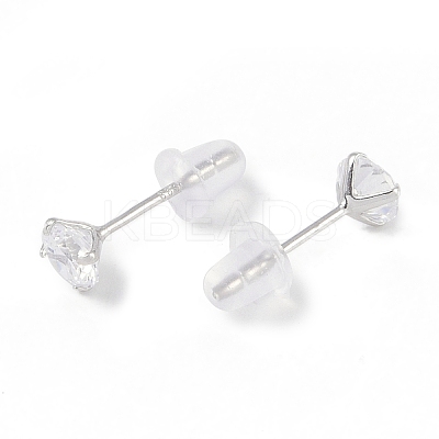 Rhodium Plated Diamond Shape 999 Fine Silver Cubic Zirconia Stud Earrings for Women LS-EJEW-S215-06P-1