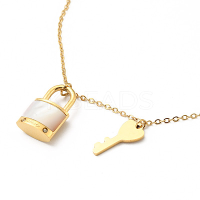 Natural Shell Padlock and Key Pendant Necklace NJEW-P229-15G-1
