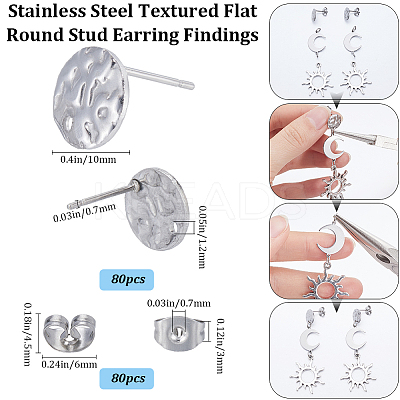 80Pcs 201 Stainless Steel Textured Flat Round Stud Earring Findings STAS-SC0008-50-1