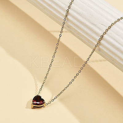 304 Stainless Steel Dark Red Cubic Zirconia Heart Pendant Necklaces for Women NJEW-Z064-04G-1